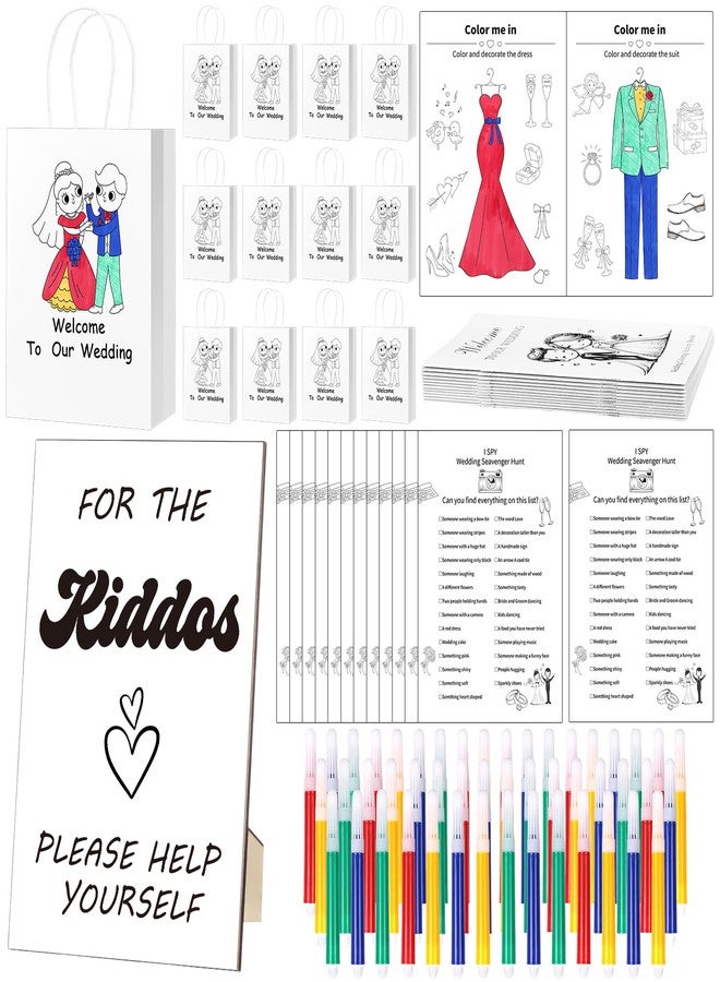 مارسبارك مجموعة مارسبارك لأنشطة حفلات الزفاف للأطفال، 49 قطعة، تتضمن: 12 كتاب تلوين، 12 قلم تلوين مائي بأربعة ألوان، 12 حقيبة هدايا، 12 ورقة بحث عن الكنز، لافتة خشبية للأطفال مع حامل، ألعاب وهدايا. - Image 1